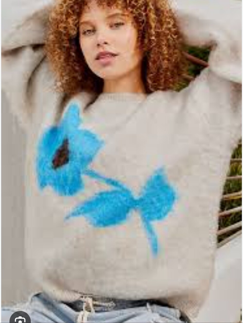 POL Sweater with Blue Floral Applique Grey Fuzzy